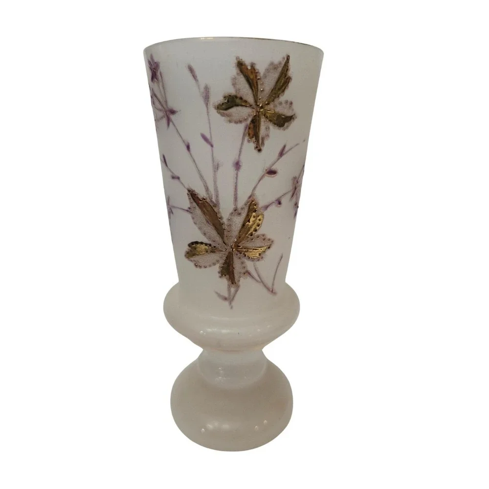 Antique Victorian Bohemian/Bristol‎ Glass Opaline Glass Vase Hand Painted 1900's